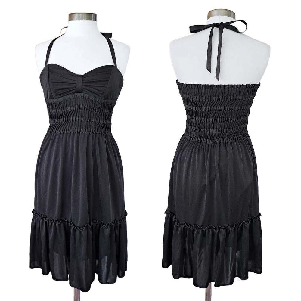 Vintage BETSEY JOHNSON Black Sweetheart Halter Midi Dress Small Pinup Whimsigoth